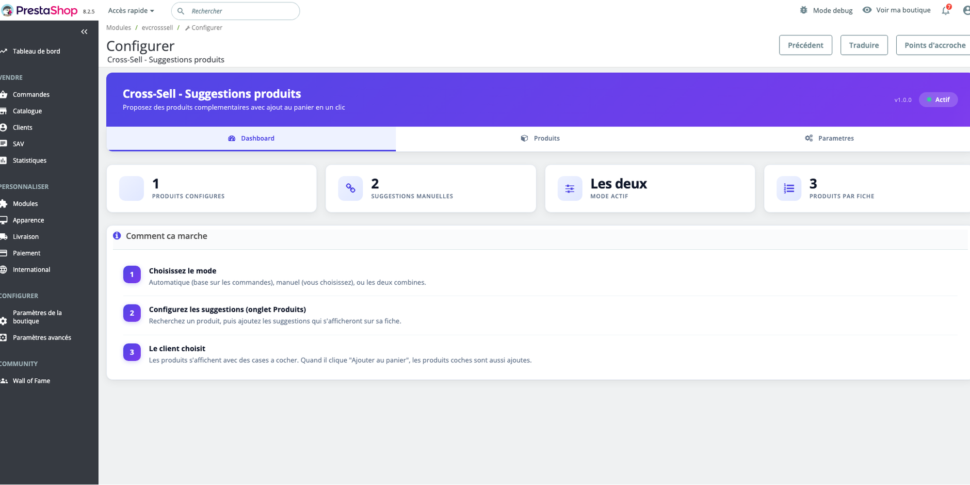 Dashboard Cross-Sell — Vue d'ensemble avec statistiques