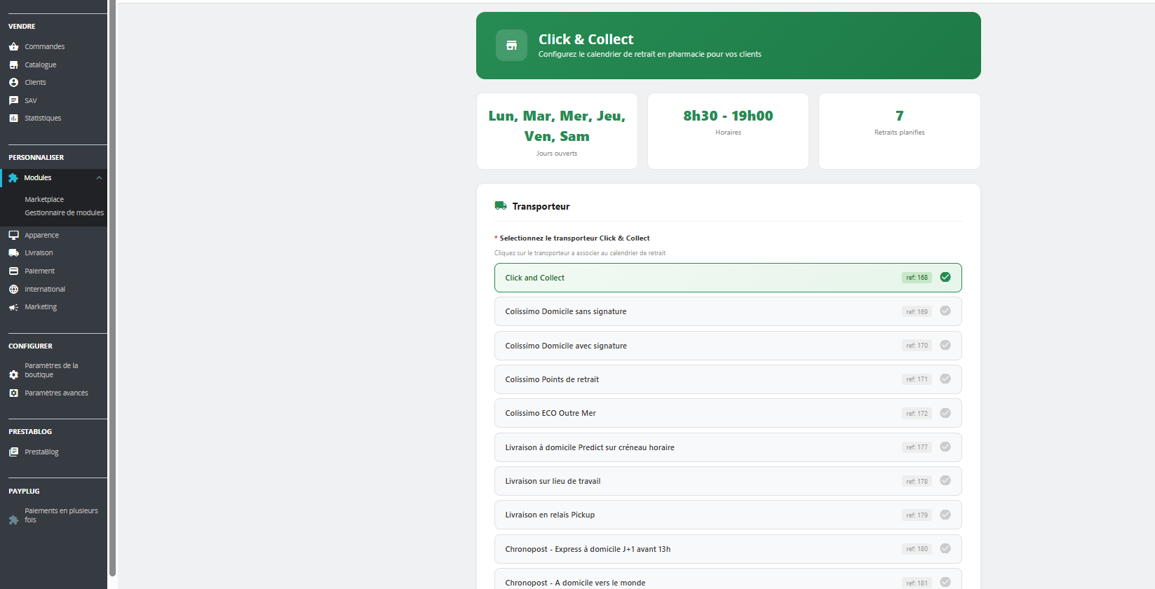 Module PrestaShop Click & Collect - Back-office