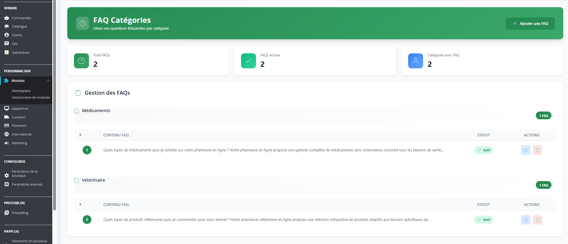Module PrestaShop FAQ Catégories - Back-office