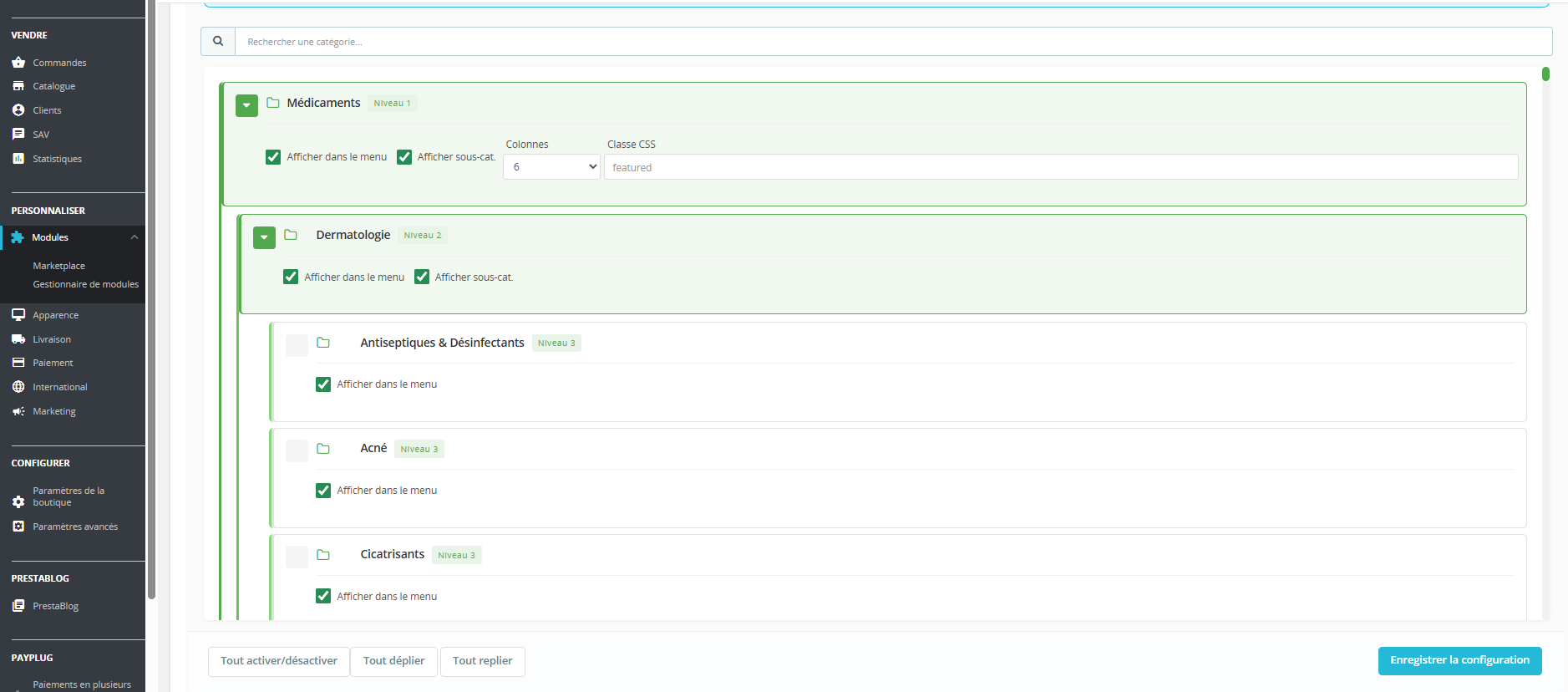 Module PrestaShop Méga Menu Catégories - Back-office