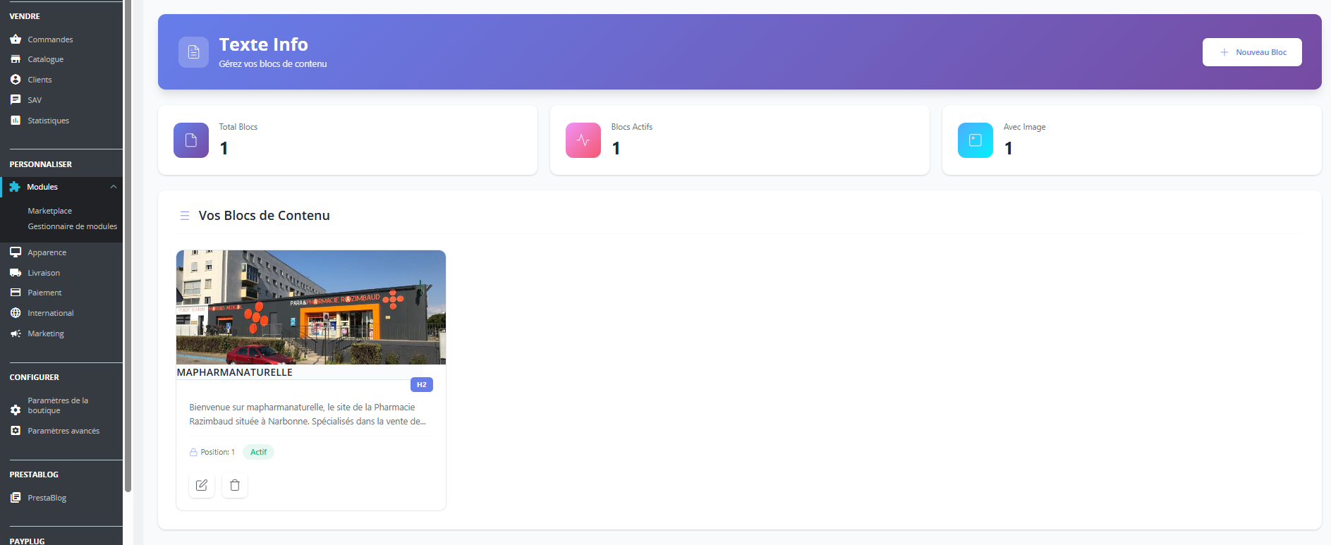 Module PrestaShop Texte Info - Back-office