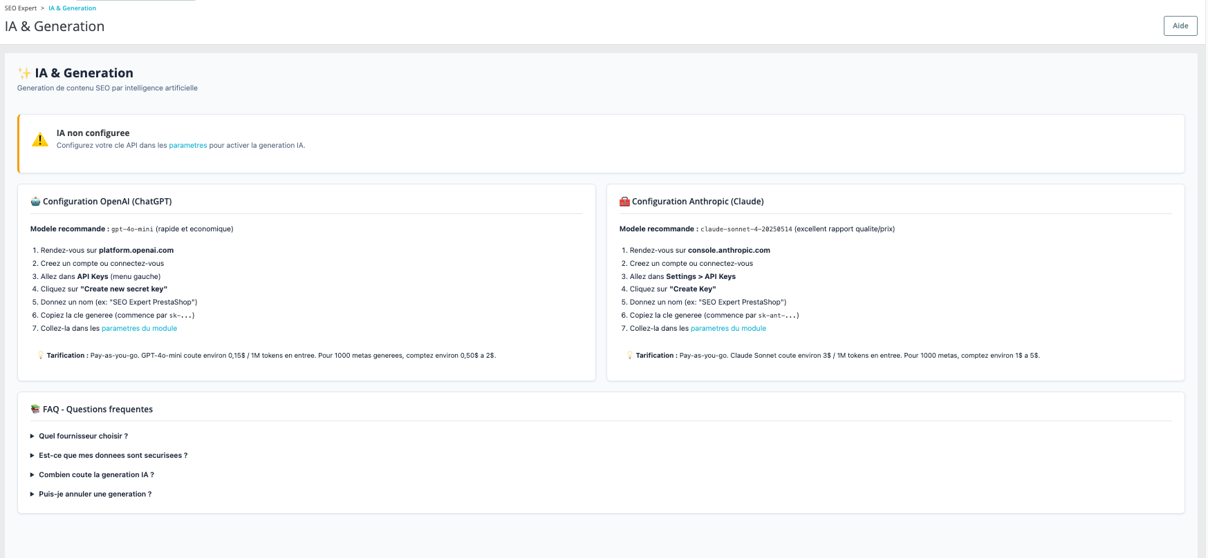 Génération IA — Configuration OpenAI (ChatGPT) et Anthropic (Claude)