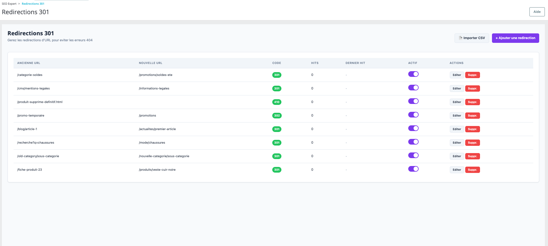 Redirections 301 — Gestion des redirections avec codes HTTP et compteur de hits